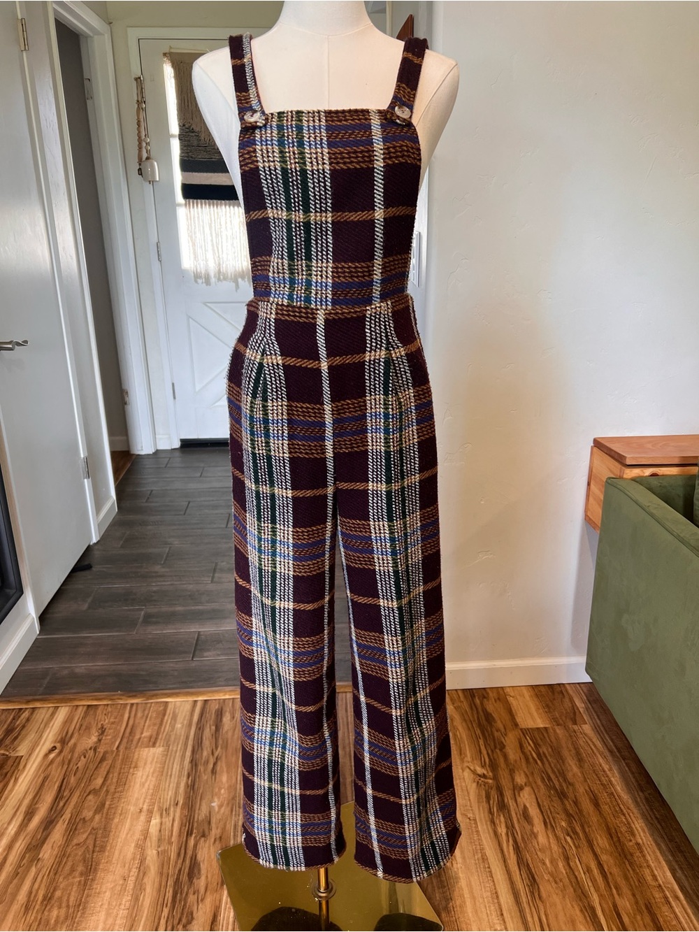 Cider Burgundy Plaid Wide-Leg Pinafore Jumpsuit